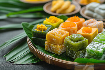 photo of Kuih (a broad term for traditional Malaysian bite-sized snacks or desserts, both savory and sweet) - obrazy, fototapety, plakaty