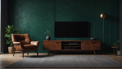 Leather armchair meets dark green wall-mounted TV cabinet in a minimalist mockup, blending style with functionality.