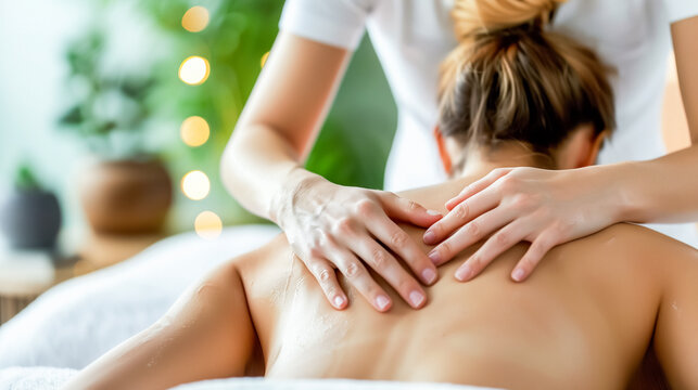 Professional massage therapy session in progress, with a focus on the therapist’s hands applying pressure to the client’s bare back, amidst a serene and well-lit environment.