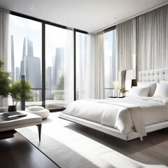 bedroom featuring a minimalist white color scheme, with a plush white bed and matching furniture