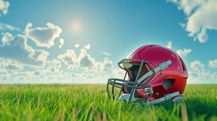An American football helmet lies on the ground against the blue sky