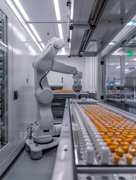 A pharmaceutical labs sterile environment showing a robotic arm sorting pills
