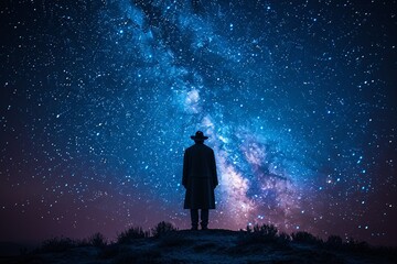 A Man in a Cowboy Hat Stands in the Dark of Night, Gazing at the Star-Filled Sky Generative AI - obrazy, fototapety, plakaty
