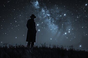 A Man in a Hat Stands in the Dark of Night, Gazing at the Stars Generative AI