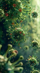 Microscopic image of viruses being targeted by innovative drug molecules digital enhancement