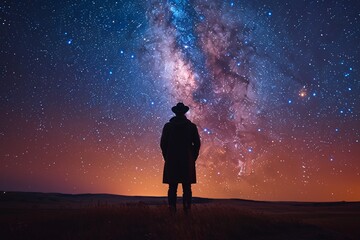 A Man in a Cowboy Hat Stands in a Field Under a Starry Night Sky Generative AI