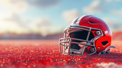 An American football helmet lies on the ground against the blue sky