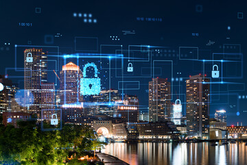 Cityscape at night with holographic security icons overlaid, photography and photomontage style, on...