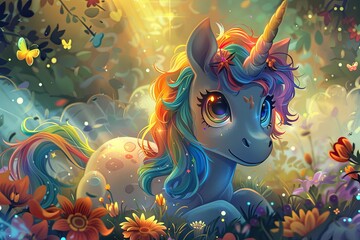Enchanted unicorn with a rainbow mane - obrazy, fototapety, plakaty