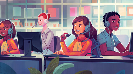 In a modern call center, rows of desks stretch across the room, each occupied by call center workers focused on their computer screens as they handle incoming calls