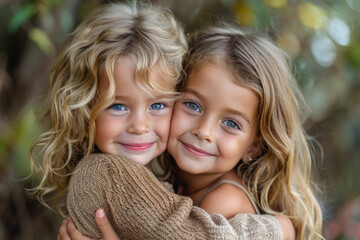 Two modern Caucasian twin girls hug and laugh. Meeting of friends. Friendship Day. International Women's Day. National Siblings Day. Twins Day. Copy space