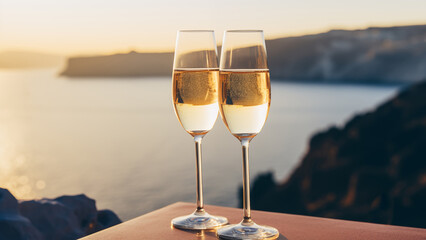 Glasses with sparkling wine on the seascape background - obrazy, fototapety, plakaty