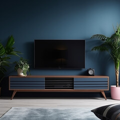 Midcentury modern TV stand with plants in front of a blue wall