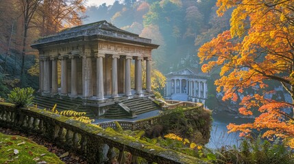 Scenic Autumn View of Historic Temple Overlooking River Among Colorful Fall Foliage in Tranquil Forest Landscape - Powered by Adobe