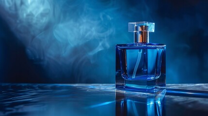 Euphoric Embers A Blue Perfume Bottle in a Smoky Atmosphere Generative AI