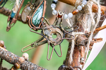 Handcraft beads from mineral and stones on a market. Handcraft precious item. Jewelry accessories.