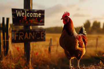 coq, animal symbole de la France debout et de profil à côté d'une pancarte en bois avec écrit en anglais 