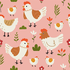 Seamless pattern with cute hen, chicks, flowers and leaves for your fabric, children textile, apparel, nursery decoration, gift wrap paper. Vector illustration
