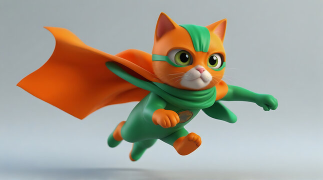 A superhero cat, Cute orange kitty with a green cloak and mask jumping and flying on isolated background with copy space. 3d Rendered model character, cute
