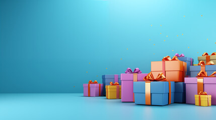 Colorful gifts adorned with ribbons and bows arranged on a blue background.
