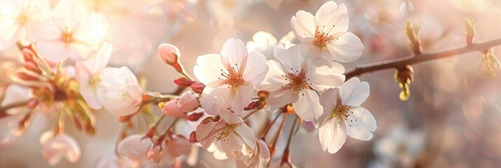 A closeup of cherry blossoms on the branch, with pink and white petals blooming gracefully against an outdoor background