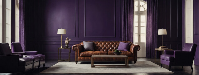 Living room décor includes a leather armchair against an empty royal purple wall. - obrazy, fototapety, plakaty