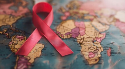 A ribbon placed on top of the world map. World cancer day concept