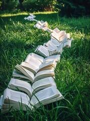 Open book pages laying on the grass in the shape of a long path.