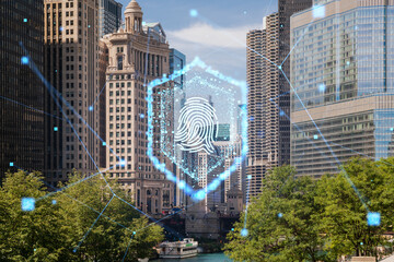 Chicago skyline with a hologram fingerprint overlay, depicting future technology and security concept on a sunny day with blue sky background. Double exposure