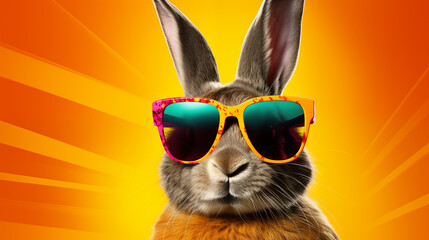 A stylish rabbit sporting sunglasses against a vibrant background.