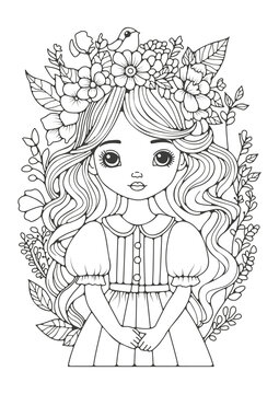 Coloring page for children and adults, line art, background for coloring with the image of a cute girl with long hair and in a summer dress. A small bird sits on her head. Art therapy.