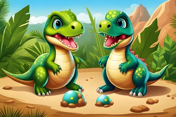 Fototapeta premium Cartoon green dinosaurs