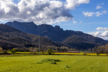 Beautiful Spanish landscape near the ancient village Hostales den Bas in Catalonia of Spain.