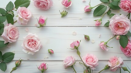 Abstract floral background. Blush pink roses on white wooden table. Generative Ai