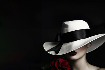 mannequin femme avec un chapeau capeline blanc à ruban noir, laissant voir sa bouche au rouge à lèvre rouge mat et le bas de son visage avec une rose rouge, sur fond noir espace négatif copy space - obrazy, fototapety, plakaty