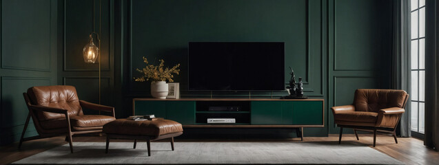Minimal style comes alive with a wall-mounted dark green TV cabinet and a leather armchair in a sophisticated mockup.