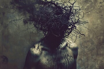 Artistic representation of a person with a head entwined in dark branches, symbolizing mental disorder - 773936705
