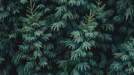 Close-up of dense dark green spruce branches, natural texture and pattern. Botanical background concept for design and print. Detailed evergreen foliage.