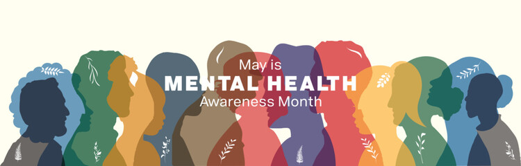 Mental Health Awareness Month banner design. It features colorful silhouette of people. Vector illustration