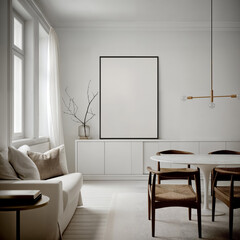 Mockup of frame for poster (Din A) in the dinning room interior. Modern Interior Design: Bright room with poster frame on gray wall. Laconic apartment design: light room with beige accents