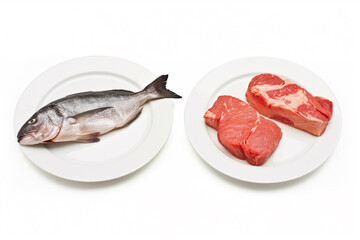A fish and some meat are displayed on two separate plates