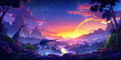 Afwasbaar Fotobehang Violet Jurassic Paradise: A Vibrant Valley of Prehistoric Wonders - Cartoon Vector Illustration