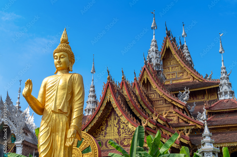 Wall mural figure of buddha and buddhist palace in xishuangbanna,china