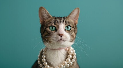 Katze mit Perlen Halskette vor einfarbigen Hintergrund isoliert Platz für Text, Generative AI - obrazy, fototapety, plakaty