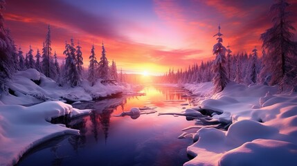 a snow covered forest is featured on the sunset