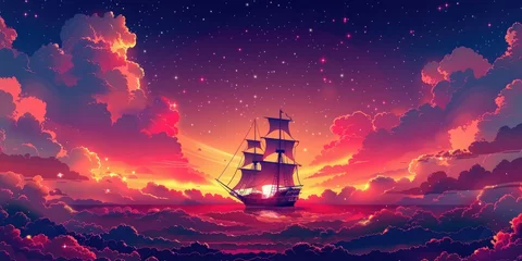 Zelfklevend Fotobehang Fantasy World: Ships of the Sky in a Whimsical Landscape Vector Illustration © weerut