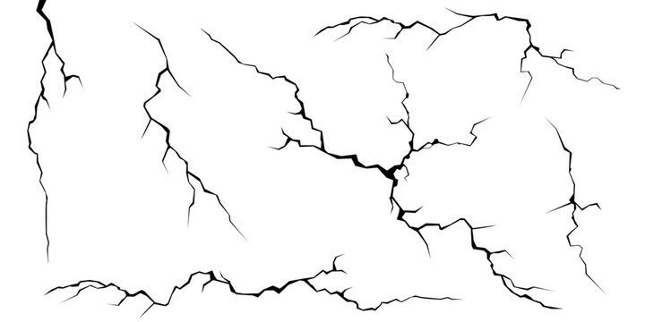 Surface cracks and fissures in ground, concrete, crevices from disaster top view. Breaks on land surface from earthquake isolated on white background. Broken ground, wall, glass pattern effect. Damage