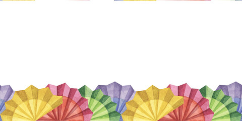 Seamless border of cinco de mayo paper fans as hand drawn set in watercolor. Colorful design with fiesta flowers isolated on white background. Clip arts for printing, cards, banners, packaging