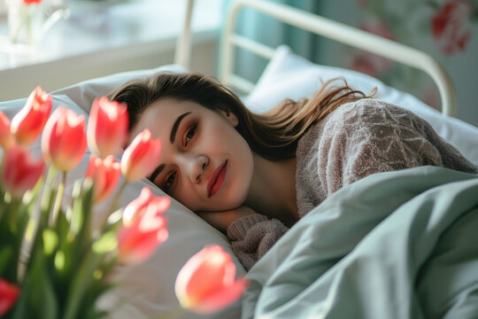 Young Woman Stays In Hospital, Women Lay On Bed Among Tulip Flower Bouquet, Birthing Woman In Maternity Clinic On Holiday, Give Birth, Gynecology Happy Patient