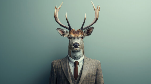 Hirsch im Anzug Business Stil mit Tieren symbolisch Charakter Darstellung Generative AI